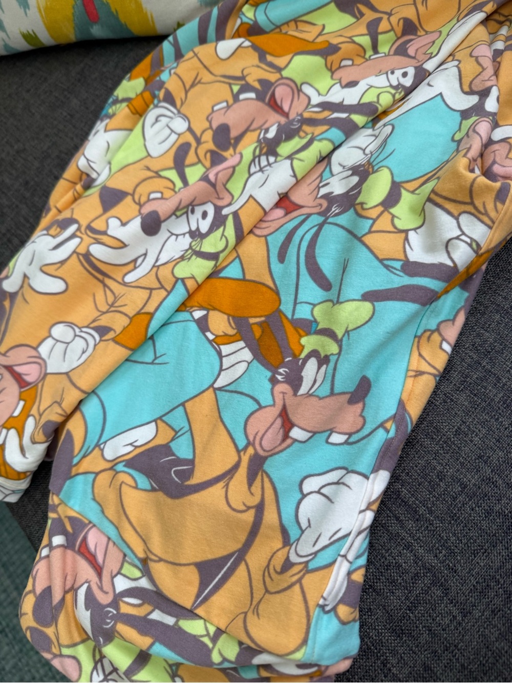 LuLaRoe Goofy Disney Teal, Mustard & Lime Cartoon Print Leggings os
